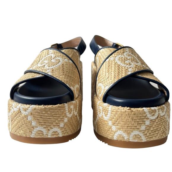 New Gucci Authentic Raffia Nappa GG Monogram Platform 703791 Sz 39 Rubber Soles - Picture 3 of 15